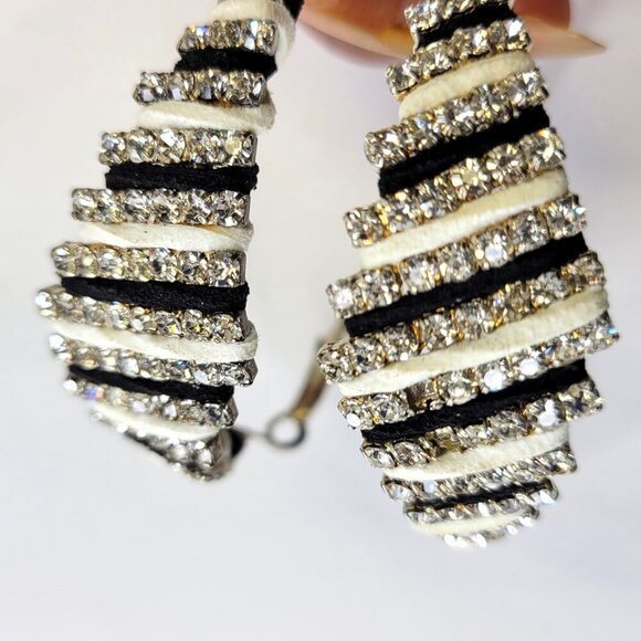 Black and White Hoop Earrings With Crystals - Picture 6 of 7